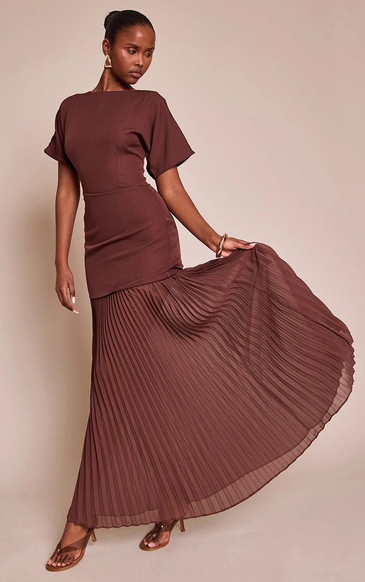 Prettylittlething Chocolate Satin Back Tie Pleated Hem Maxi Dress - Image 3