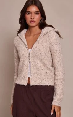 Beige Marl Zip Through Cardigan