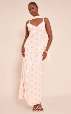 Prettylittlething Lemon Polka Dot Printed Chiffon Frill Details Strappy Maxi Dress