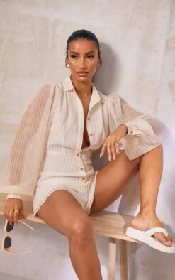 Prettylittlething Stone Stripe Balloon Sleeve Shirt Romper