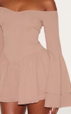 Prettylittlething Taupe Bardot Flare Sleeve Romper -Pretty Little Thing Shop c8fa7821e3956b5fccb33c8438aa748b280aa2d2 CNL9222 4 taupe bardot flare sleeve playsuit