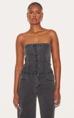 Prettylittlething Washed Black Covered Button Longline Denim Top