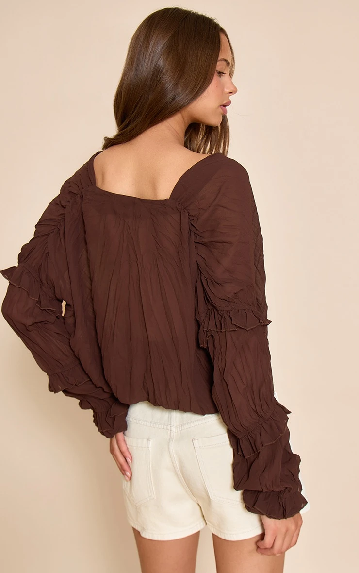 Prettylittlething Chocolate Chiffon Ruffle Detail Plunge Blouse 2 Prettylittlething Chocolate Chiffon Ruffle Detail Plunge Blouse - Image 2