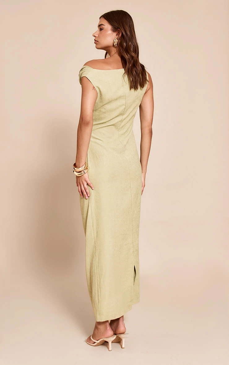 Sage Textured Off The Shoulder Trim Detail Midaxi Dress - Image 2