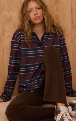 Prettylittlething Burgundy Stripe Cotton Polo Rugby Top
