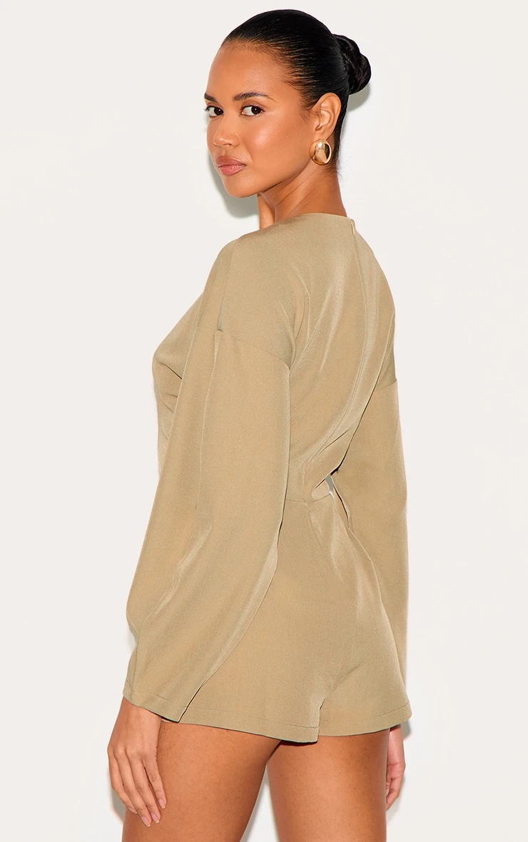 Prettylittlething Stone Tailored Woven High Neck Cocoon Sleeve Romper 2 Prettylittlething Stone Tailored Woven High Neck Cocoon Sleeve Romper - Image 2