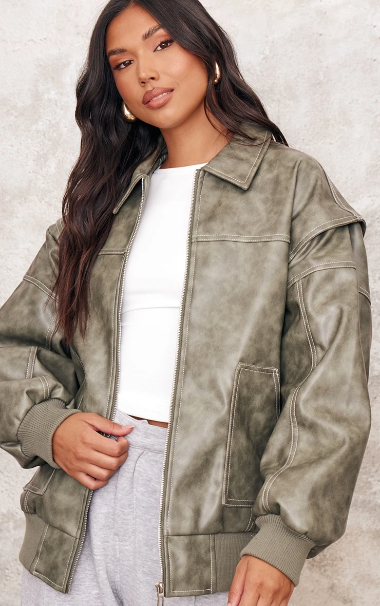 Prettylittlething Washed Green Distressed Faux Leather Oversized Longline Bomber Jacket 4 Prettylittlething Washed Green Distressed Faux Leather Oversized Longline Bomber Jacket - Image 4