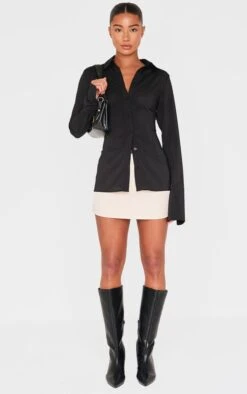 Prettylittlething Stone Tailored Woven Double Waistband Mini Skirt