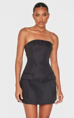 Prettylittlething Black Bandeau Pocket Detail Shift Dress