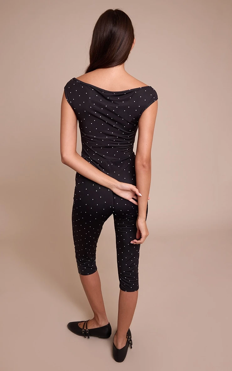 Prettylittlething Black Slinky Poka Dot Capri Jumpsuit 2 Prettylittlething Black Slinky Poka Dot Capri Jumpsuit - Image 2