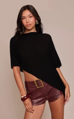 Prettylittlething Black Fine Knit Poncho Style Top
