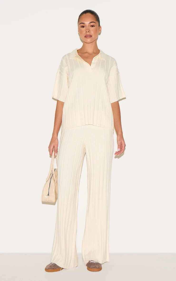 Prettylittlething Cream Rib Knit Oversized Polo Top - Image 3