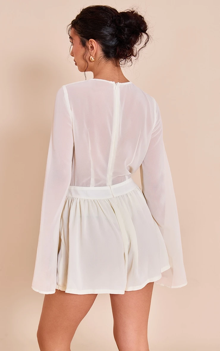 Prettylittlething Cream Chiffon Long Sleeve Tie Detail Floaty Romper - Image 2