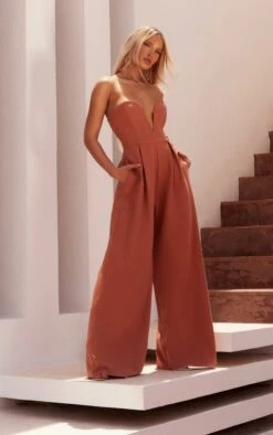 Prettylittlething PLT Label Rust Plunge Wide Leg Jumpsuit