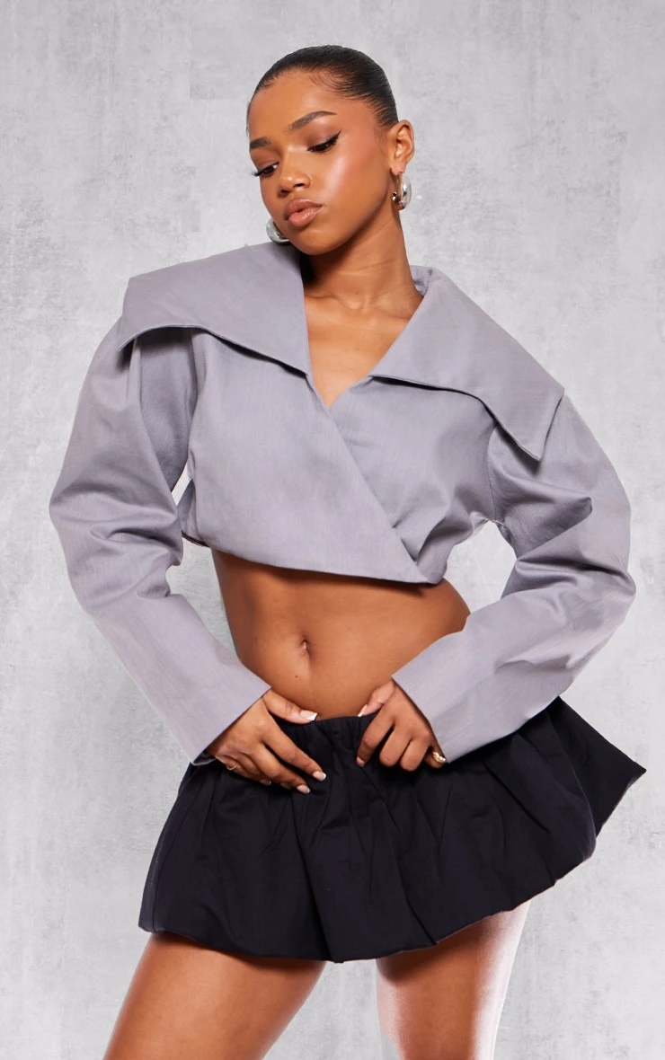 Prettylittlething Grey Cross Over Asymmetric Cropped Jacket 1 Prettylittlething Grey Cross Over Asymmetric Cropped Jacket