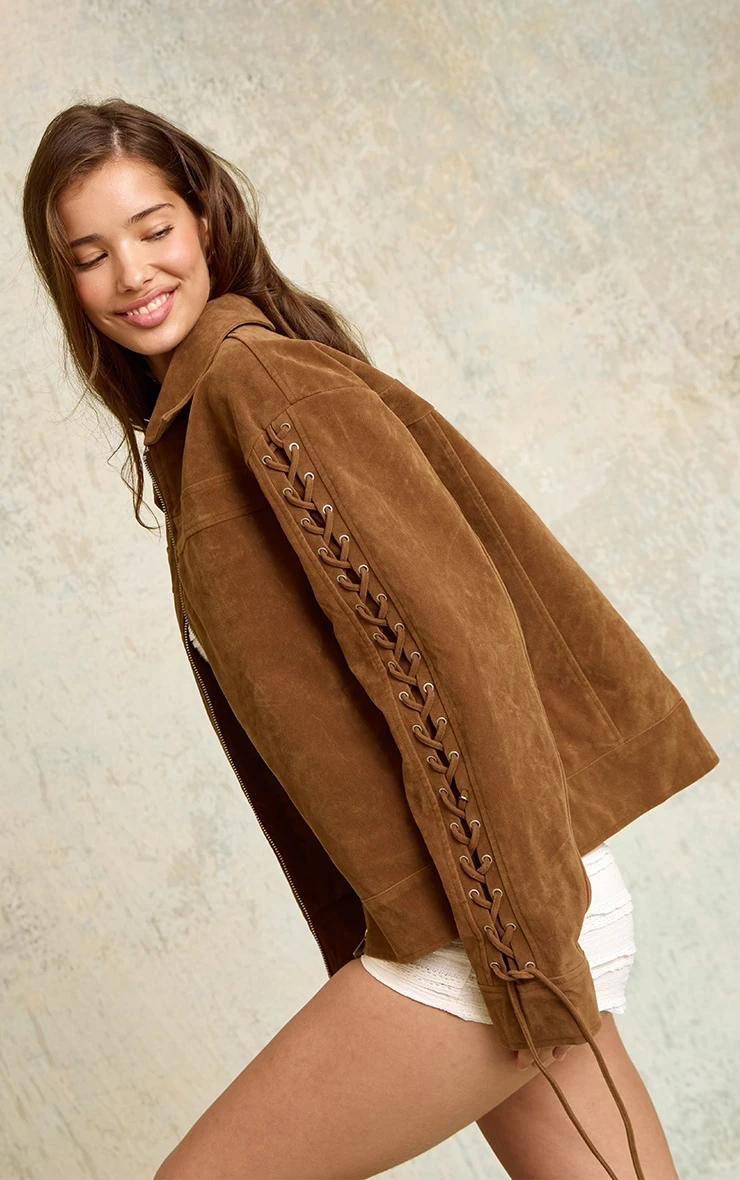 Prettylittlething Brown Lace Up Faux Suede Boxy Jacket 2 Prettylittlething Brown Lace Up Faux Suede Boxy Jacket - Image 2