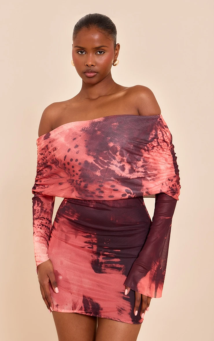 Prettylittlething Pink Leopard Print Lined Mesh Long Sleeve Mini Dress