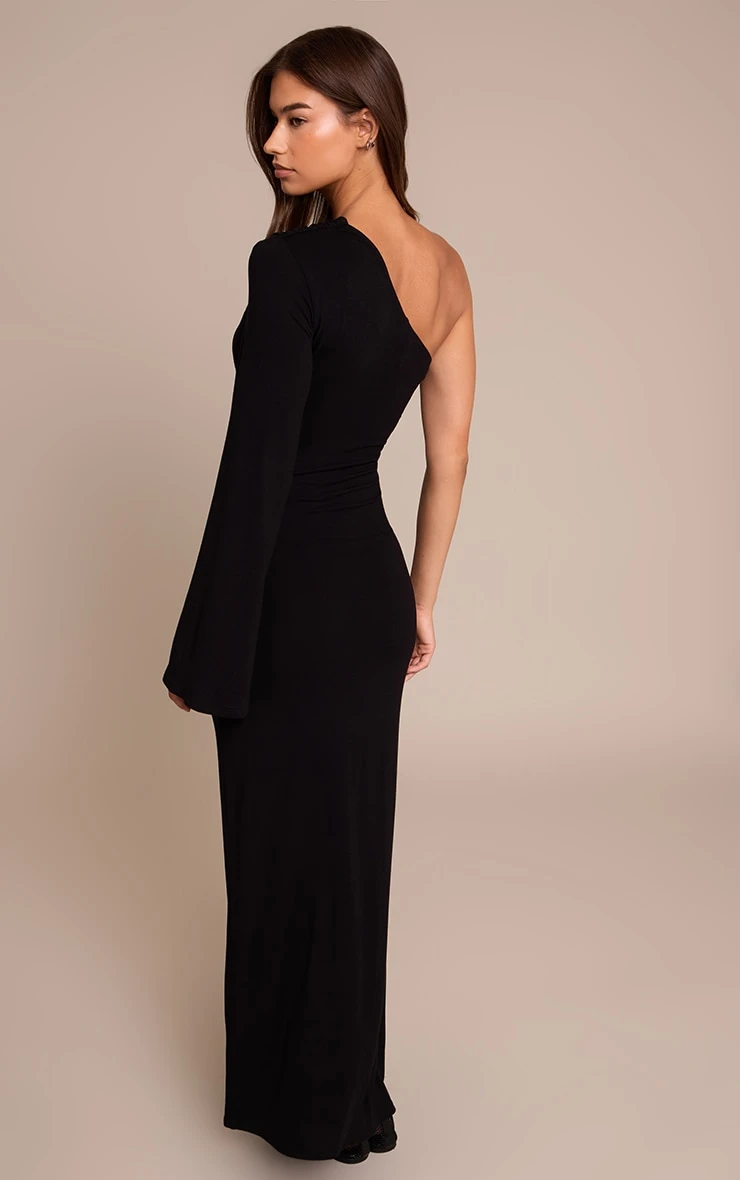 Prettylittlething Black Jersey One Shoulder Ruched Detail Maxi Dress - Image 2