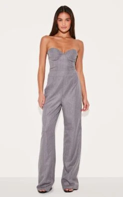 Prettylittlething Grey Pinstripe Bandeau Corset Straight Leg Jumpsuit