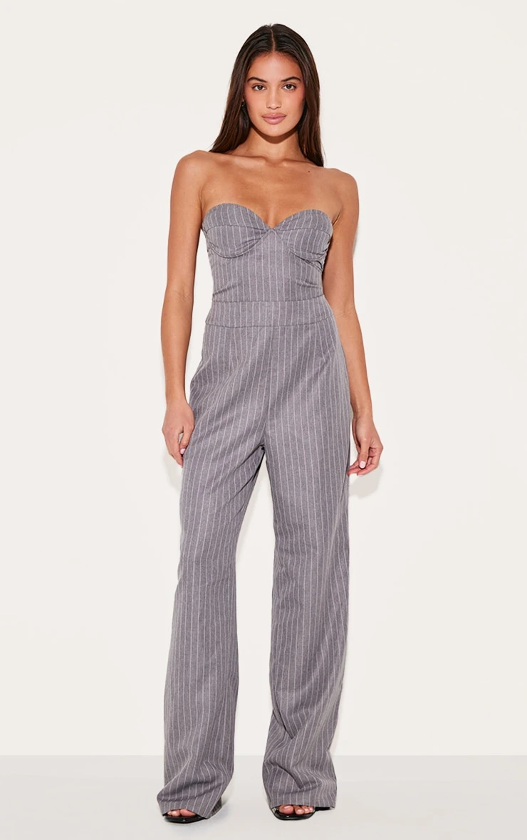 Prettylittlething Grey Pinstripe Bandeau Corset Straight Leg Jumpsuit 1 Prettylittlething Grey Pinstripe Bandeau Corset Straight Leg Jumpsuit