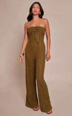 Prettylittlething Khaki Lace Fold Over Straight Leg Jumpsuit