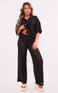 Prettylittlething Black Textured Wide Leg Pants