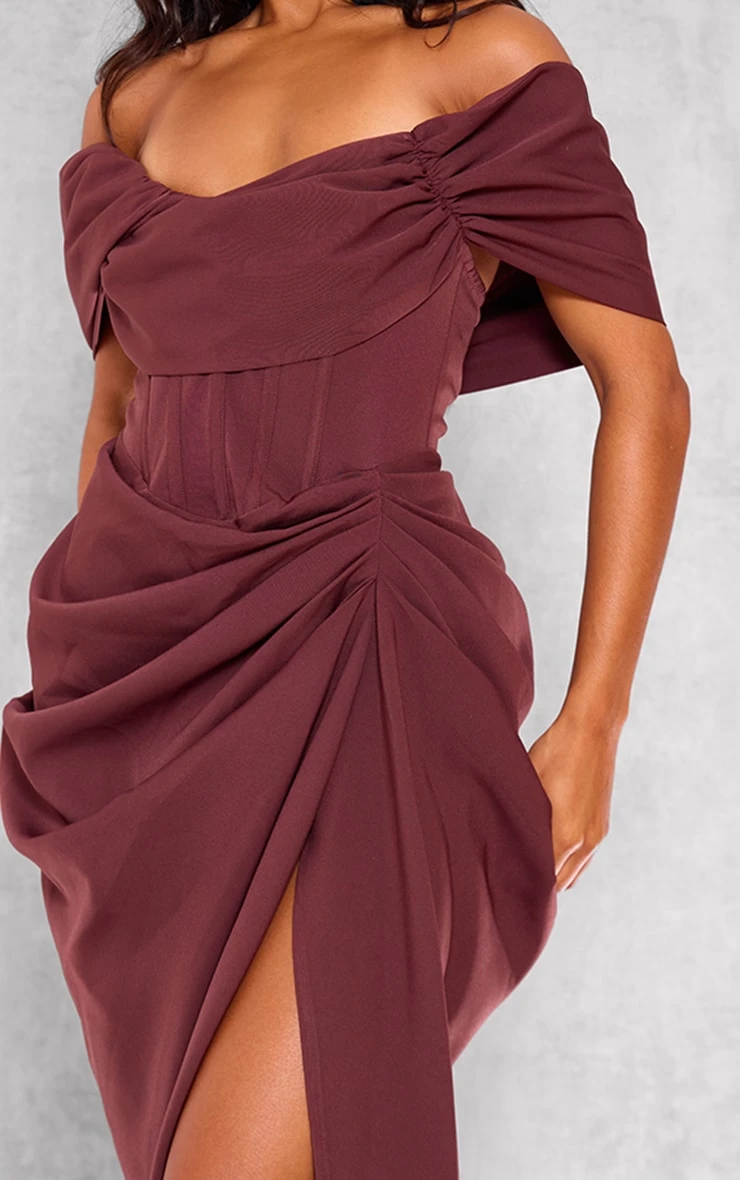Prettylittlething Chocolate Corset Bardot Draped Midi Dress - Image 4