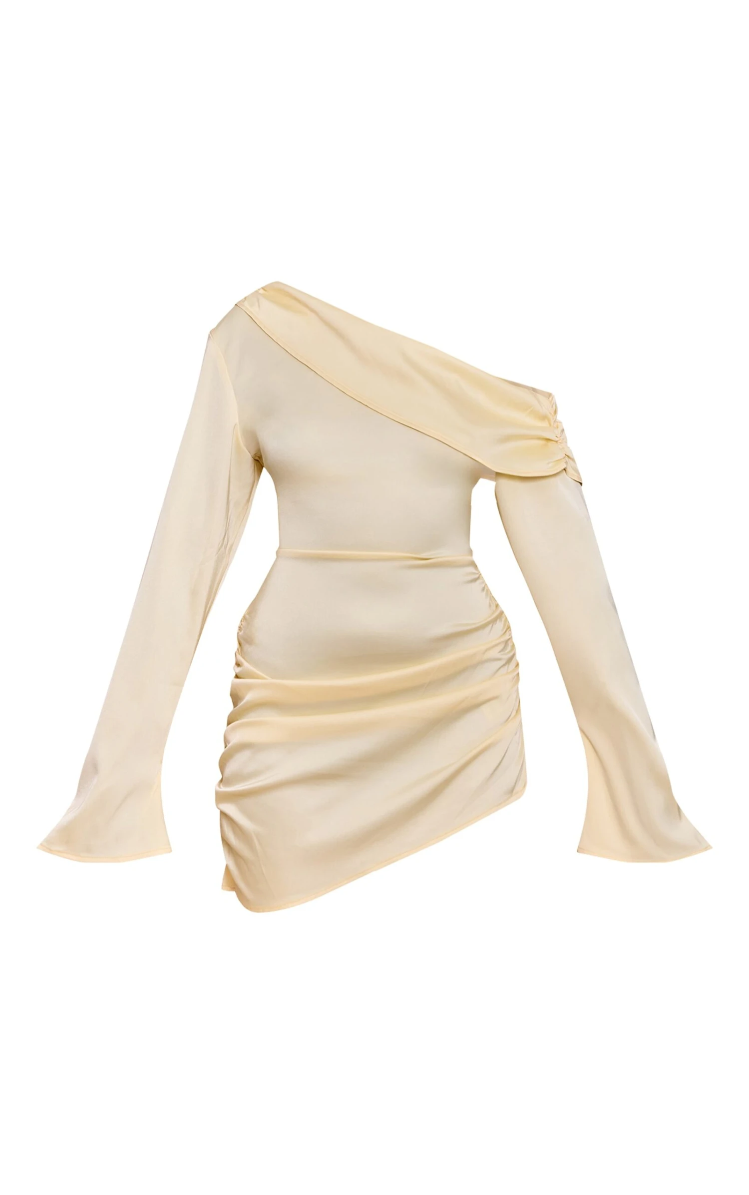 Prettylittlething Butter Cream Satin One Shoulder Drape Bodycon Dress - Image 5