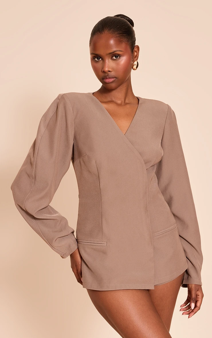 Prettylittlething Mocha Cross Front Cocoon Sleeve Tailored Romper 1 Prettylittlething Mocha Cross Front Cocoon Sleeve Tailored Romper