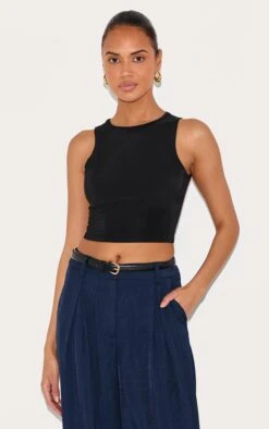 Prettylittlething Black Slinky Racer Crop Top
