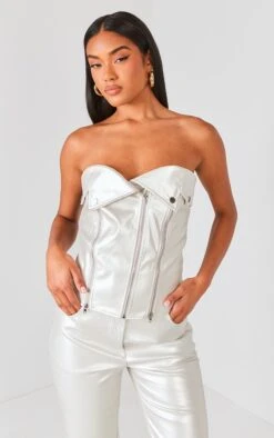 Prettylittlething Silver Metallic Faux Leather Zip Up Biker Detail Corset