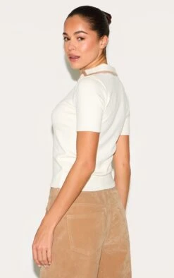 Prettylittlething Cream Knitted Contrast Polo Collar Top -Pretty Little Thing Shop cd229458a52d3d28da93560b5d836ca15b99059f CNM7666 2 cream knitted contrast polo collar top