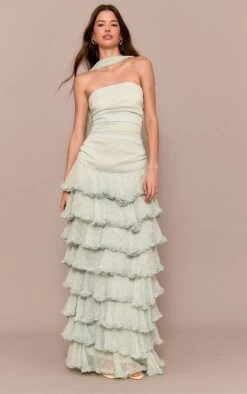 Prettylittlething Sage Green Chiffon Tiered Frill Maxi Dress