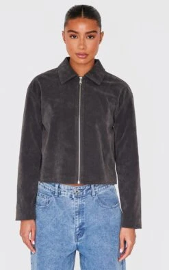 Prettylittlething Charcoal Zip Up Faux Suede Jacket