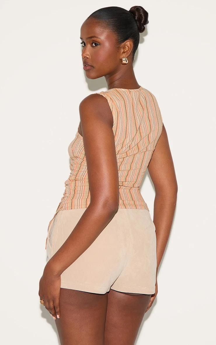 Prettylittlething Orange Linen Look Striped Ruched Wrap Front Top 2 Prettylittlething Orange Linen Look Striped Ruched Wrap Front Top - Image 2