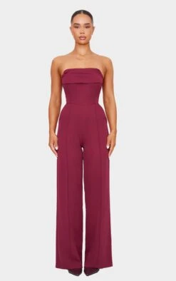 Prettylittlething Burgundy Bandeau Cowl Neck Pocket Detailed Jumpsuit