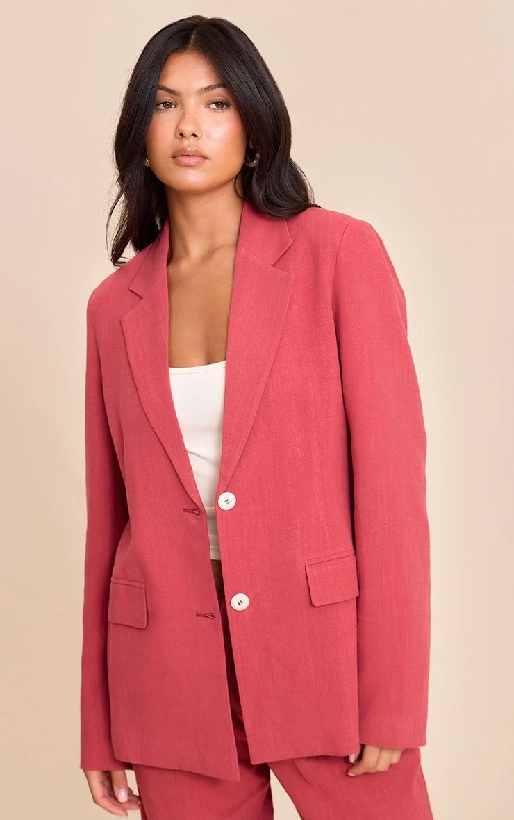 Prettylittlething Dark Red Tailored Linen Oversized Blazer 1 Prettylittlething Dark Red Tailored Linen Oversized Blazer
