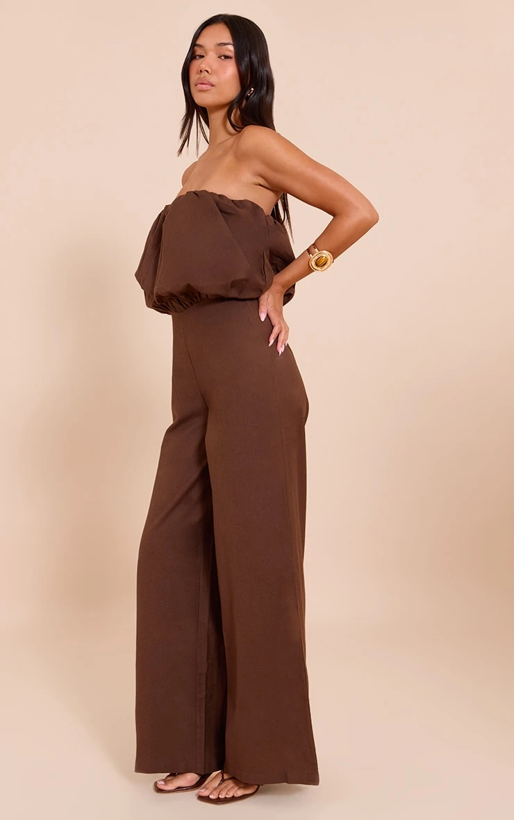 Prettylittlething Dark Chocolate Cotton Puffball Bandeau Straight Leg Jumpsuit 3 Prettylittlething Dark Chocolate Cotton Puffball Bandeau Straight Leg Jumpsuit - Image 3