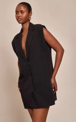 Prettylittlething Black Woven Tailored Waist Coat Dress