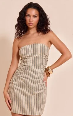 Prettylittlething Stone Striped Bandeau Ruched Mini Shift Dress