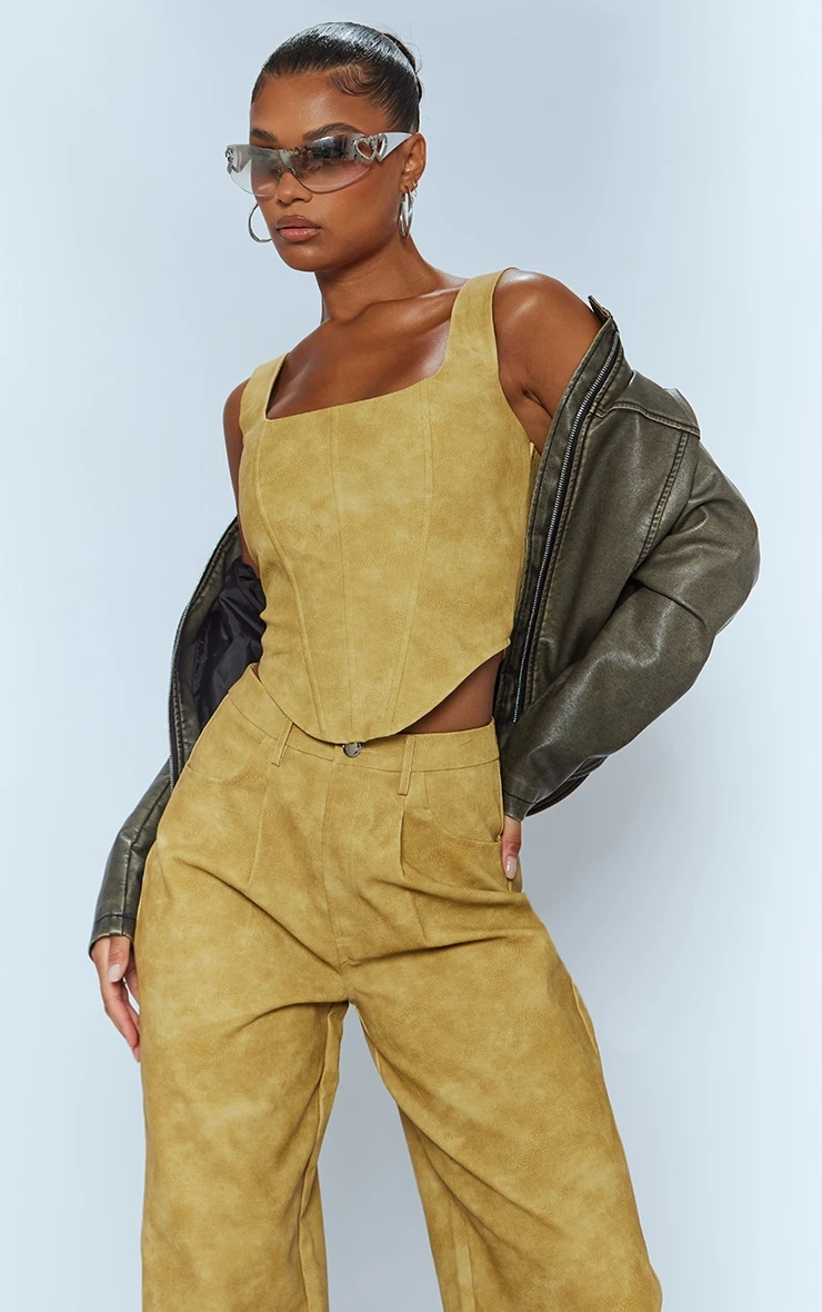 Prettylittlething Mustard Washed Faux Leather Dart Pocket Straight Leg Pants 4 Prettylittlething Mustard Washed Faux Leather Dart Pocket Straight Leg Pants - Image 4