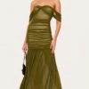 Prettylittlething Olive Mesh Bardot Ruched Detail Maxi Dress -Pretty Little Thing Shop ce29feebcec0814d8f5d3d503d63cc0f6b941ecd CNL7974 1 olive mesh bardot ruched detail maxi dress