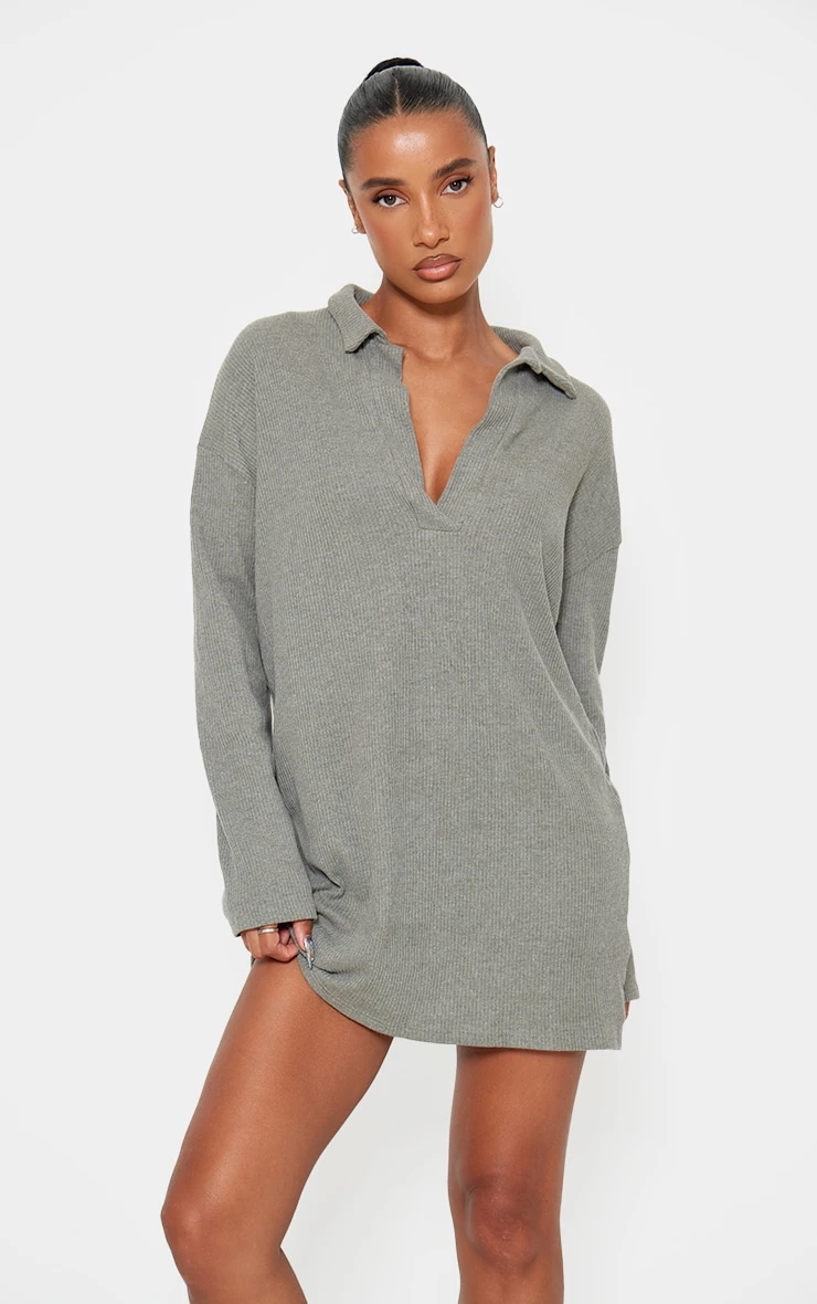 Prettylittlething Sage Khaki Rib V Neck Oversized Sweater Dress