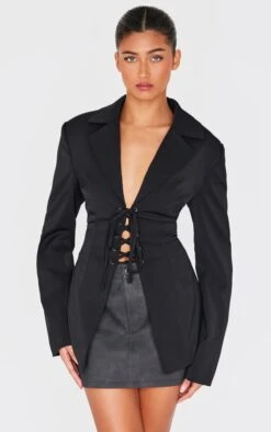 Prettylittlething Black Lace Up Tie Front Blazer