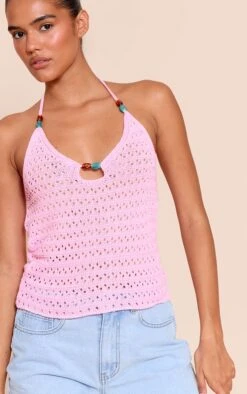 Pink Crochet Bead Detail Halter Top