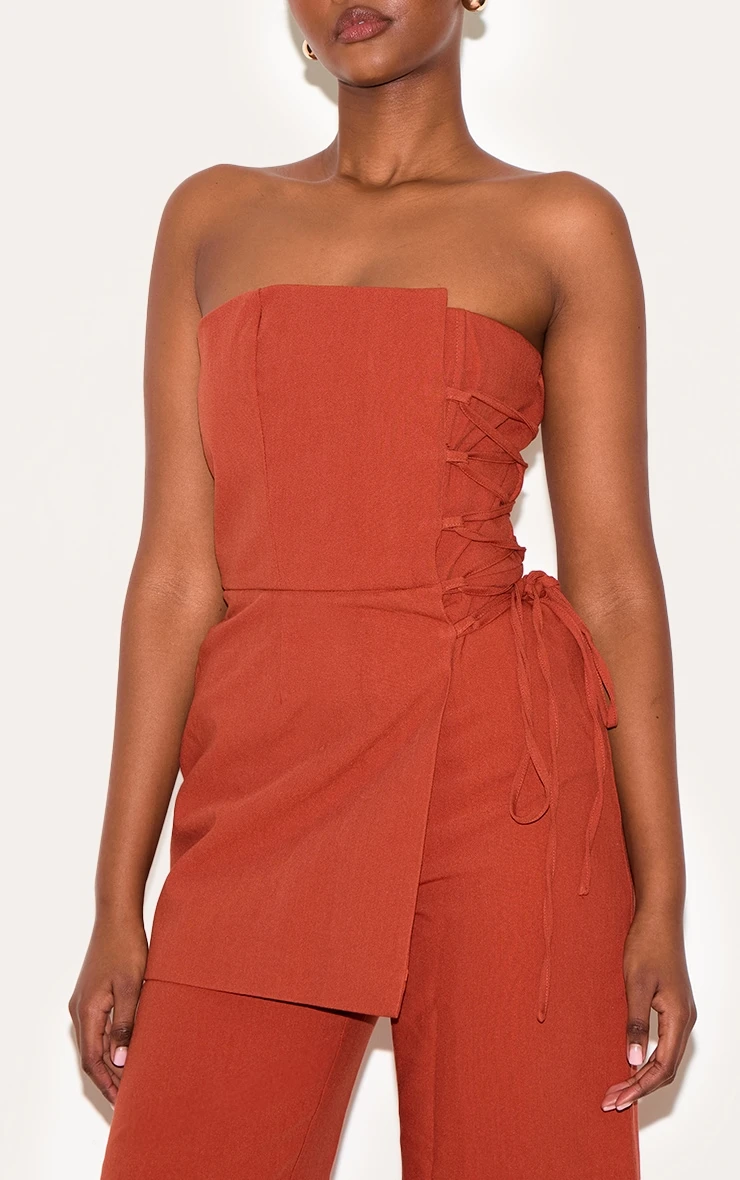 Prettylittlething PLT Label Paprika Overlay Panel Lace Up Tailored Jumpsuit - Image 4