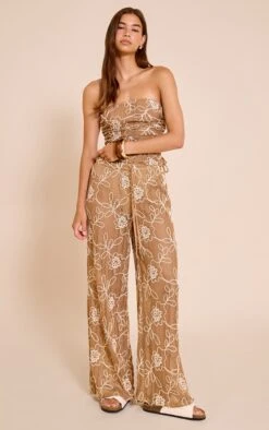 Prettylittlething Tan Floral Crochet Drawstring Pant