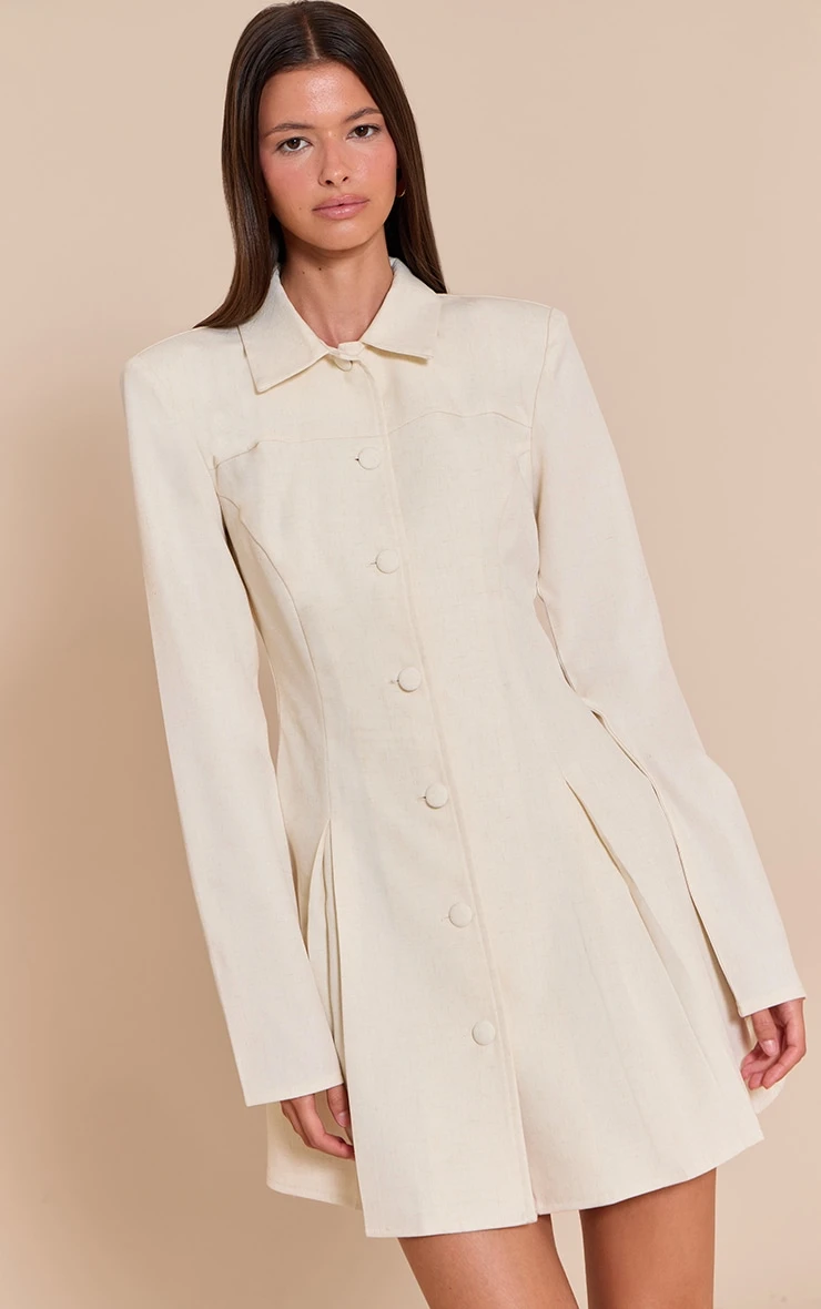 Prettylittlething Cream Button Up Pleated Shirt Dress 1 Prettylittlething Cream Button Up Pleated Shirt Dress
