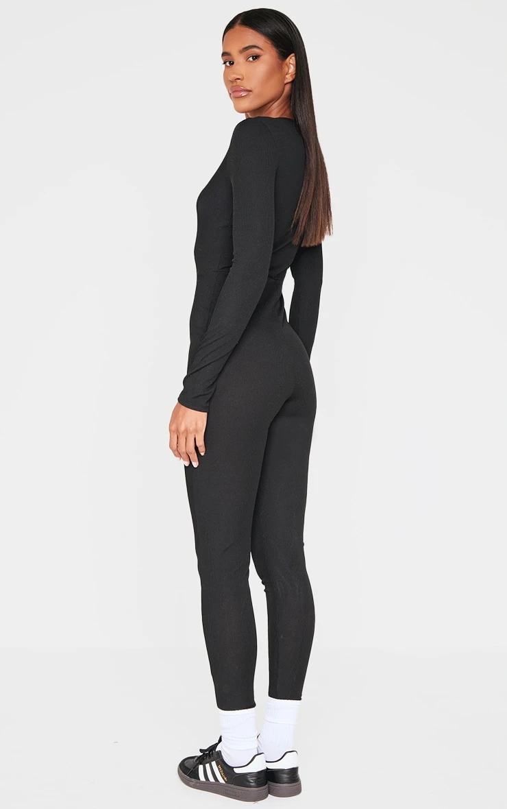 Prettylittlething Black Ribbed Long Sleeve Scoop Neck Jumpsuit 2 Prettylittlething Black Ribbed Long Sleeve Scoop Neck Jumpsuit - Image 2