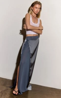 Charcoal Satin Wrap Detail Chiffon Maxi Skirt